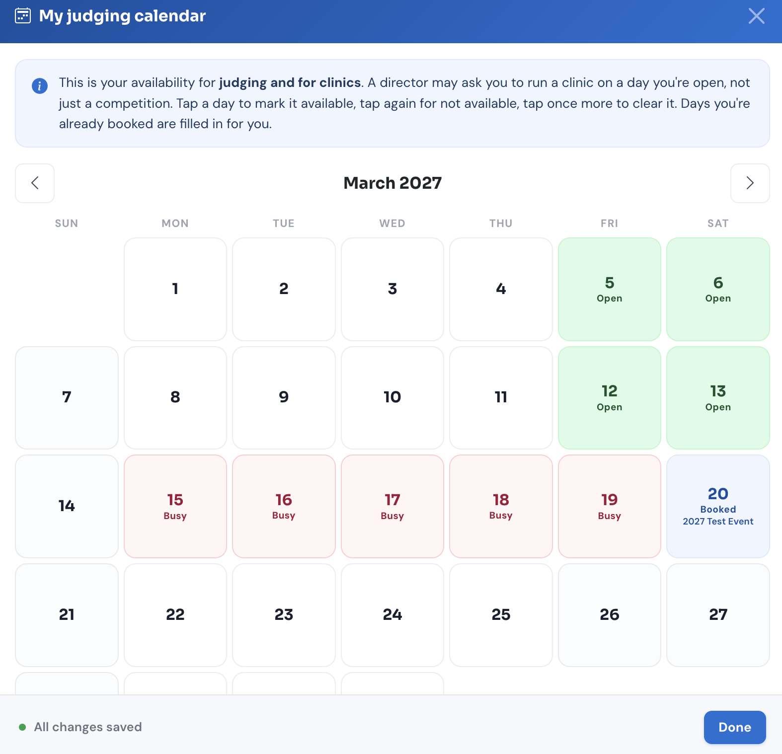 The availability calendar, showing available, unavailable and already-booked days