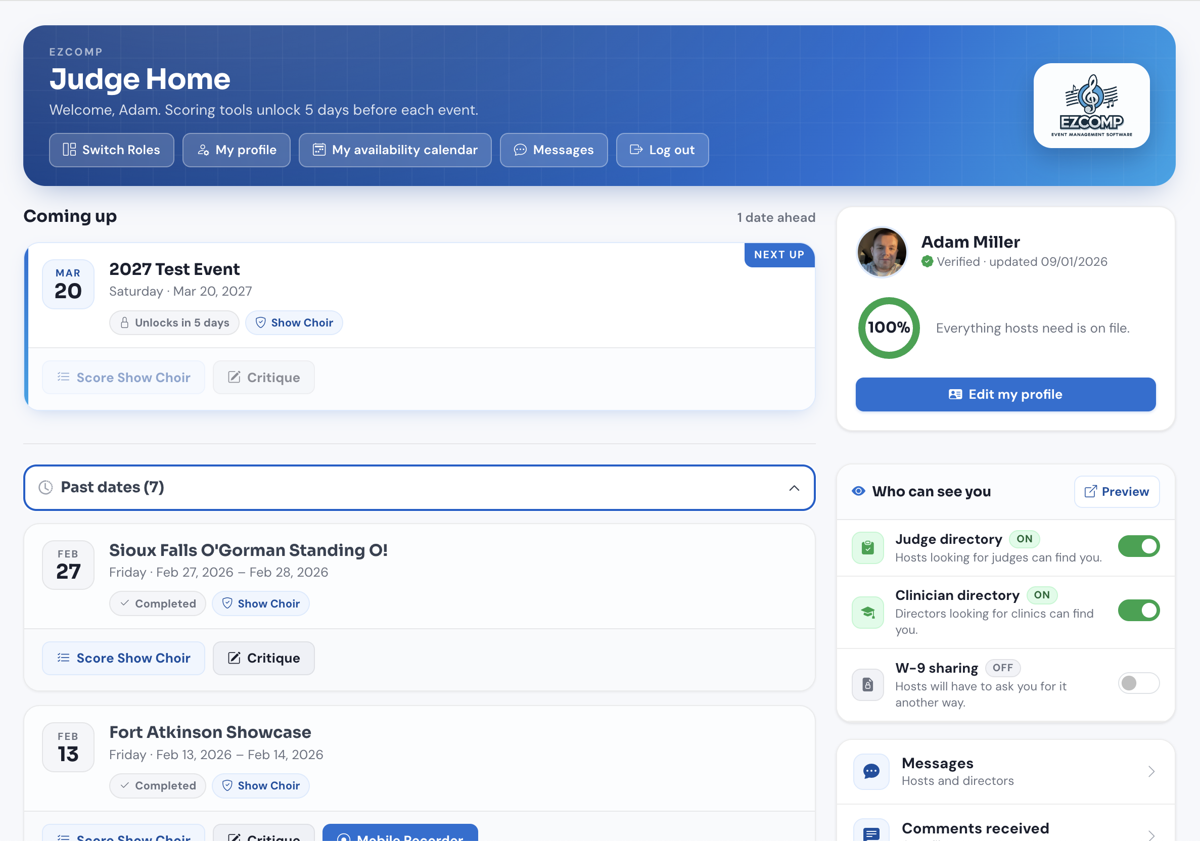 The ezComp judge home page, showing your events on the left and your profile tools on the right