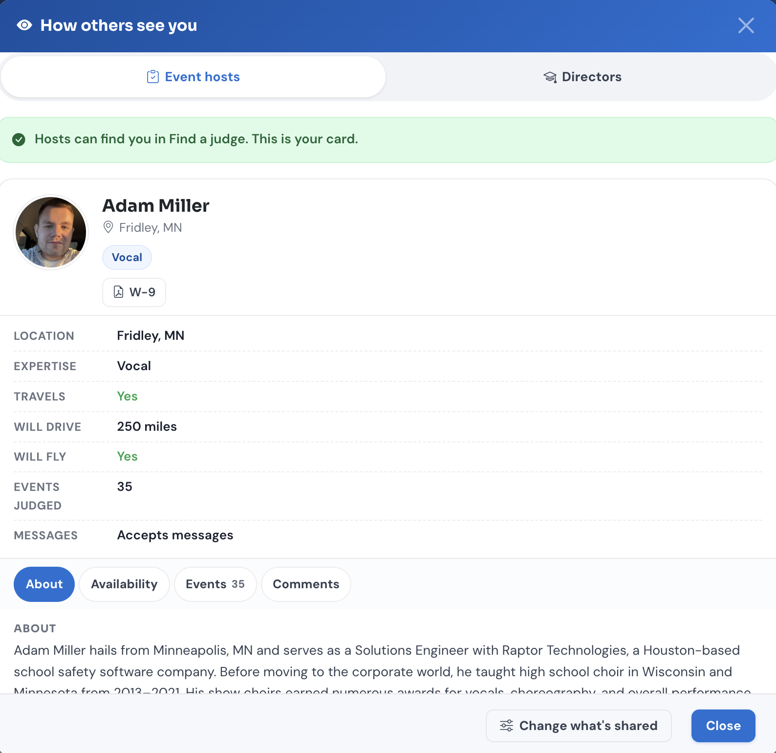 The profile preview, showing your card exactly as an event host sees it